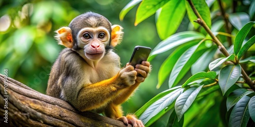 A curious monkey holds a mobile device, fingers deftly navigating the screen as it sits on a tree branch, surrounded by lush green foliage. photo