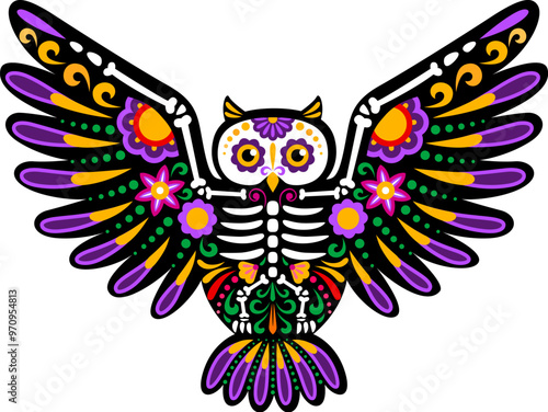 Day of the dead Mexican owl bird animal skeleton tattoo. Vector vibrant owl sugar skull with outstretched wings, intricate patterns and vivid colors symbolizing remembrance and cycle of life and death