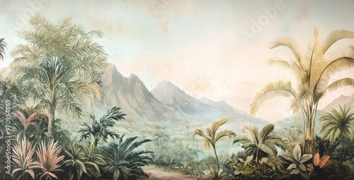 Fototapeta Naklejka Na Ścianę i Meble -  Watercolor painting of a green jungle landscape in retro or vintage style. Watercolor wallpaper pattern. Lush, green rainforest background.