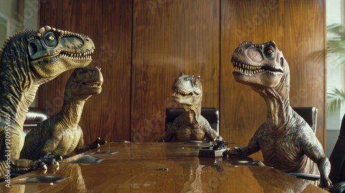 Four dinosaurs seated around a wooden conference table in a modern office setting, discussing business. Unique blend of prehistoric and professional themes photo