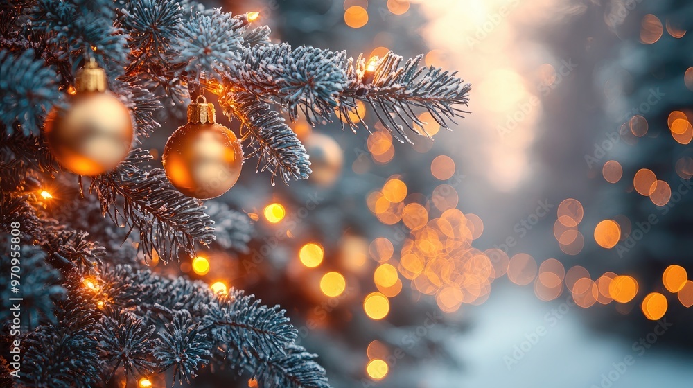 Fototapeta premium Blurred lights shining amongst tree branches in the background