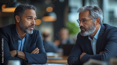 Mediator calming down two negotiators during a heated business argument