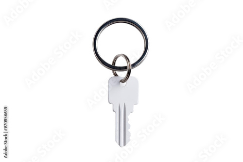 A close-up of a single key attached to a metal ring, symbolizing security and access.