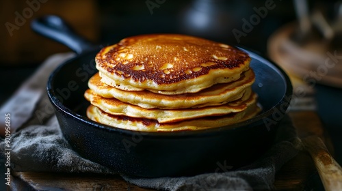 A Stack of Golden Brown Pancakes in a Cast Iron Skillet