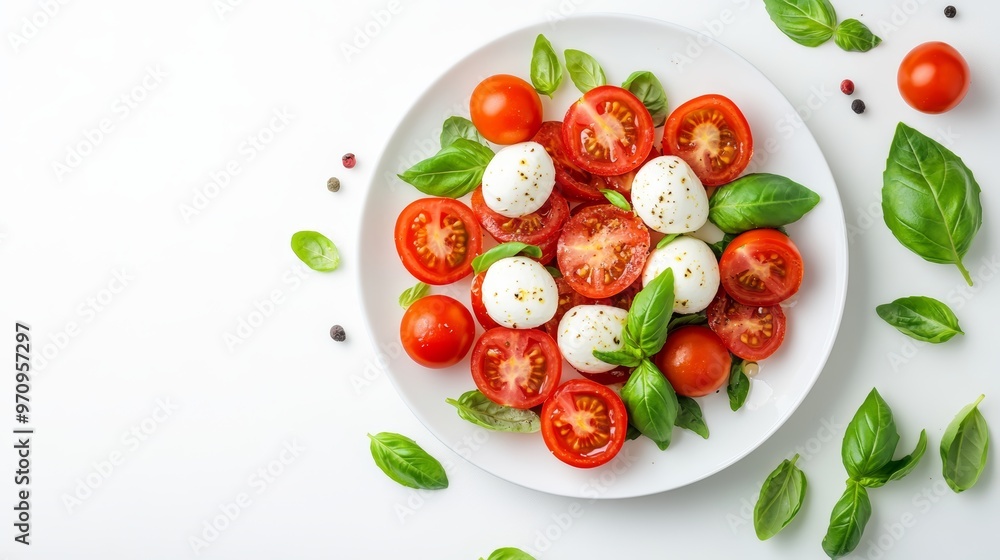Plate of tasty salad Caprese with tomatoes mozzarella balls and basil isolated on white top view Plate of tasty salad Caprese with tomatoes mozzarella balls and basil isolated on white top view