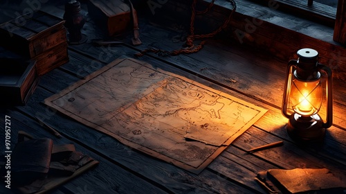 A Mysterious Lantern Illuminates a Weathered Treasure Map in a Pirate Captain's Haven at Night. Halloween Pirate Concept