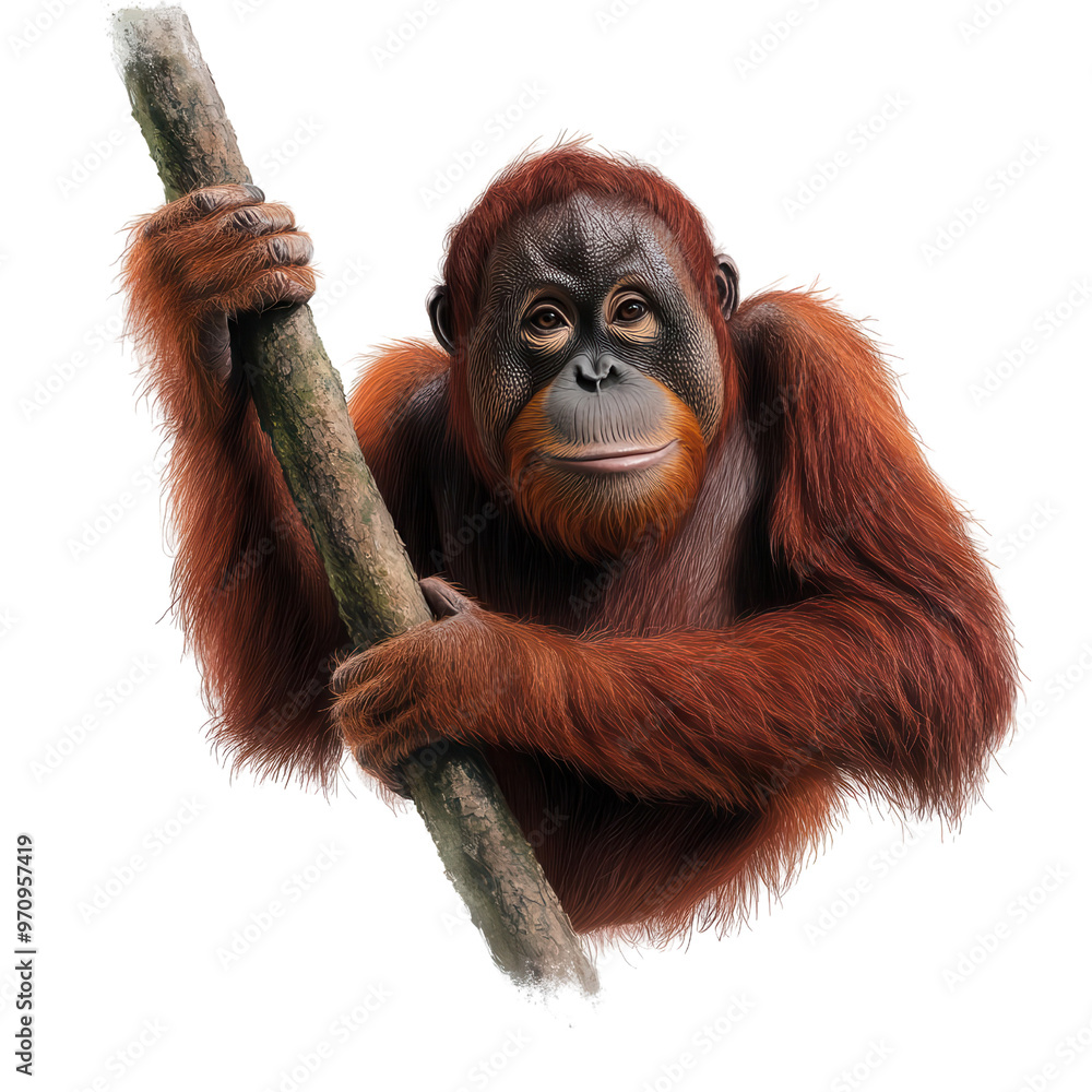 Fototapeta premium A playful orangutan clinging to a branch, showcasing its expressive face and vibrant fur in a natural setting.