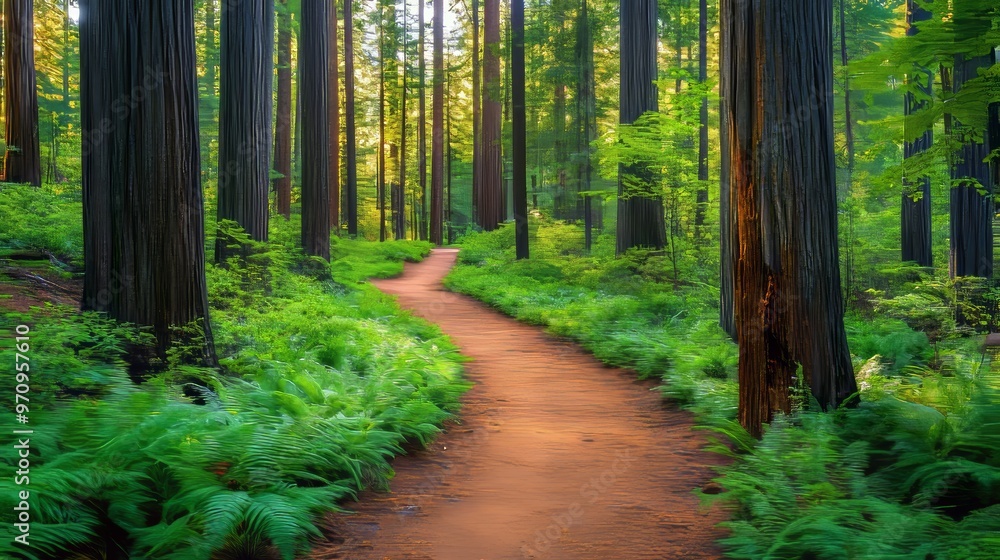 Obraz premium Narrow earthen foot path going through lush green forest of tall dawn redwood trees in natural monument of secuoyas del monte cabezon in daylight