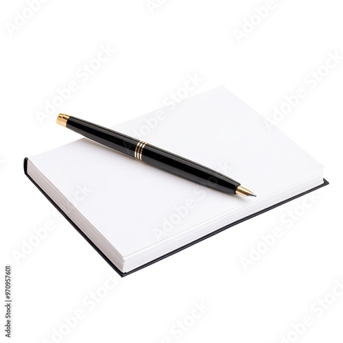 A sleek black pen resting on a blank notebook, ideal for writing notes, ideas, or sketching creative thoughts.