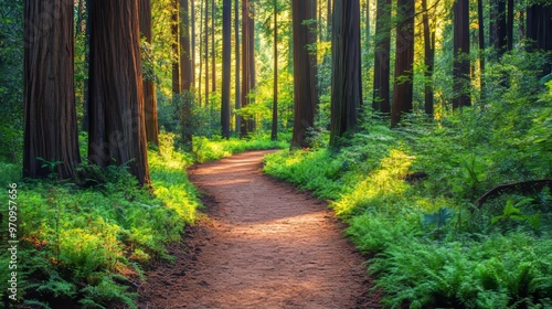 Narrow earthen foot path going through lush green forest of tall dawn redwood trees in natural monument of secuoyas del monte cabezon in daylight