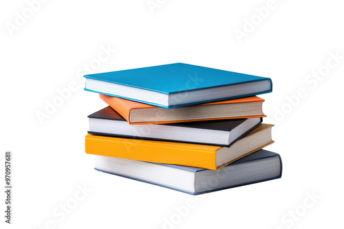 A stack of colorful books featuring a blue, orange, gray, and white cover, perfect for education and literature themes.