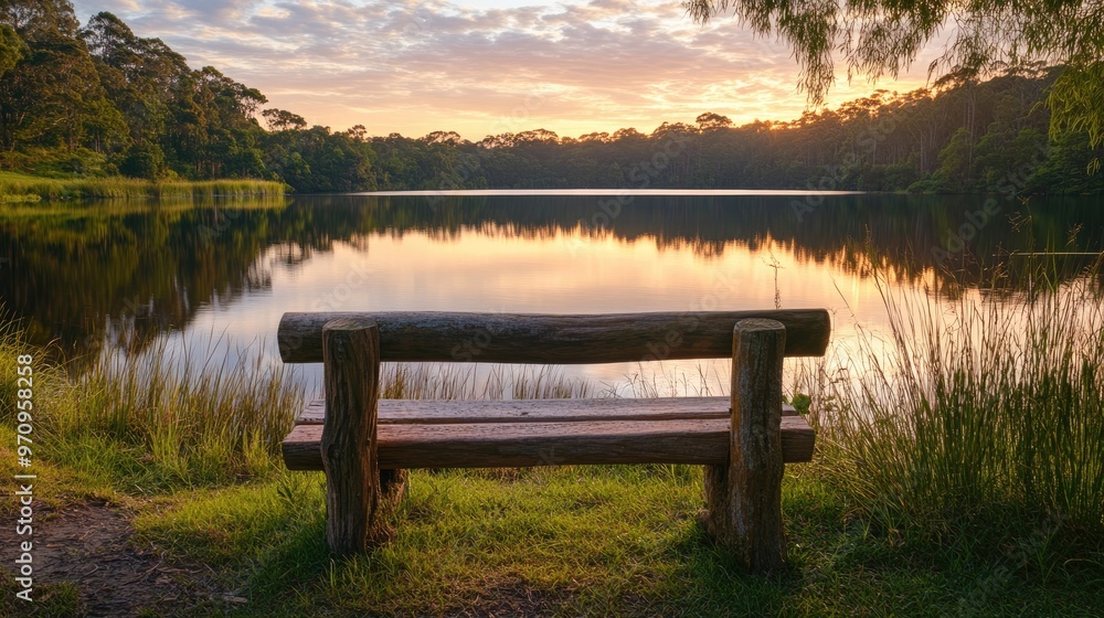 Sunrise Over a Tranquil Lake with a Wooden Bench