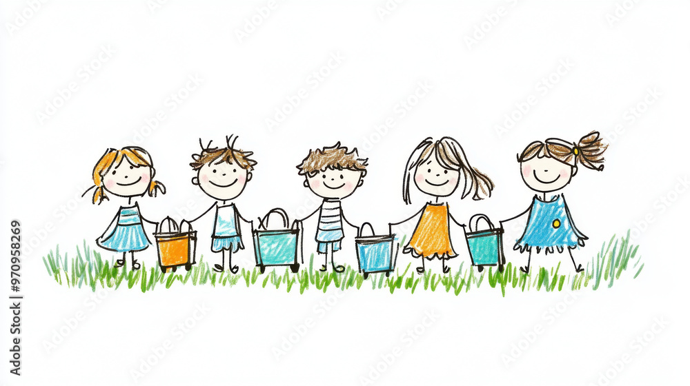Hand-drawn illustration of five smiling children standing in grass, each holding colorful shopping bags in a playful scene. Hand-drawn illustration of five smiling children standing in grass, each holding colorful shopping bags in a playful scene.