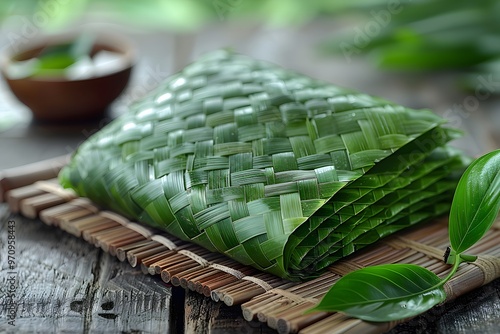 Traditional Craftsmanship of Woven Palm Leaf on Rustic Bamboo Mat