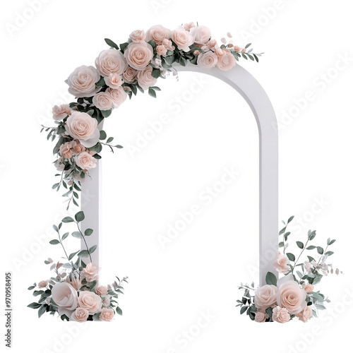 Elegant floral arch decorated with soft pink roses and greenery, perfect for weddings or special events.
