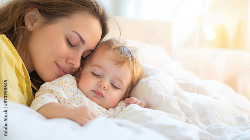 Mother Gently Embracing Her Sleeping Baby in a Bright Cozy Bedroom Mother Gently Embracing Her Sleeping Baby in a Bright Cozy Bedroom