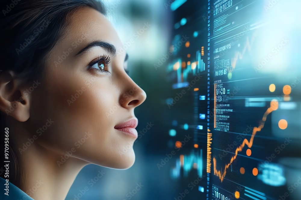 A focused woman analyzing data on a digital screen, reflecting the future of technology and finance in a modern workspace. A focused woman analyzing data on a digital screen, reflecting the future of technology and finance in a modern workspace.