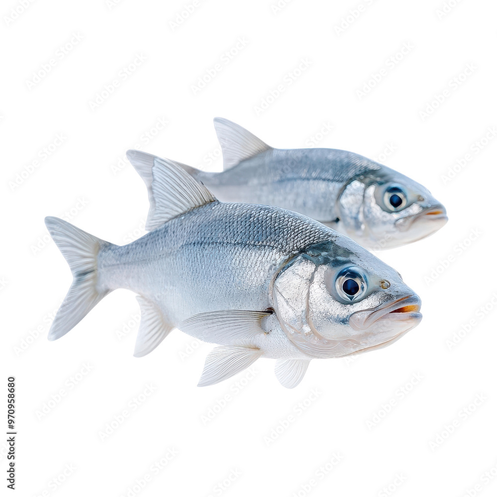 Fototapeta premium Fresh fish on a white background, showcasing their smooth scales and vibrant eyes, perfect for culinary or marine-themed projects.