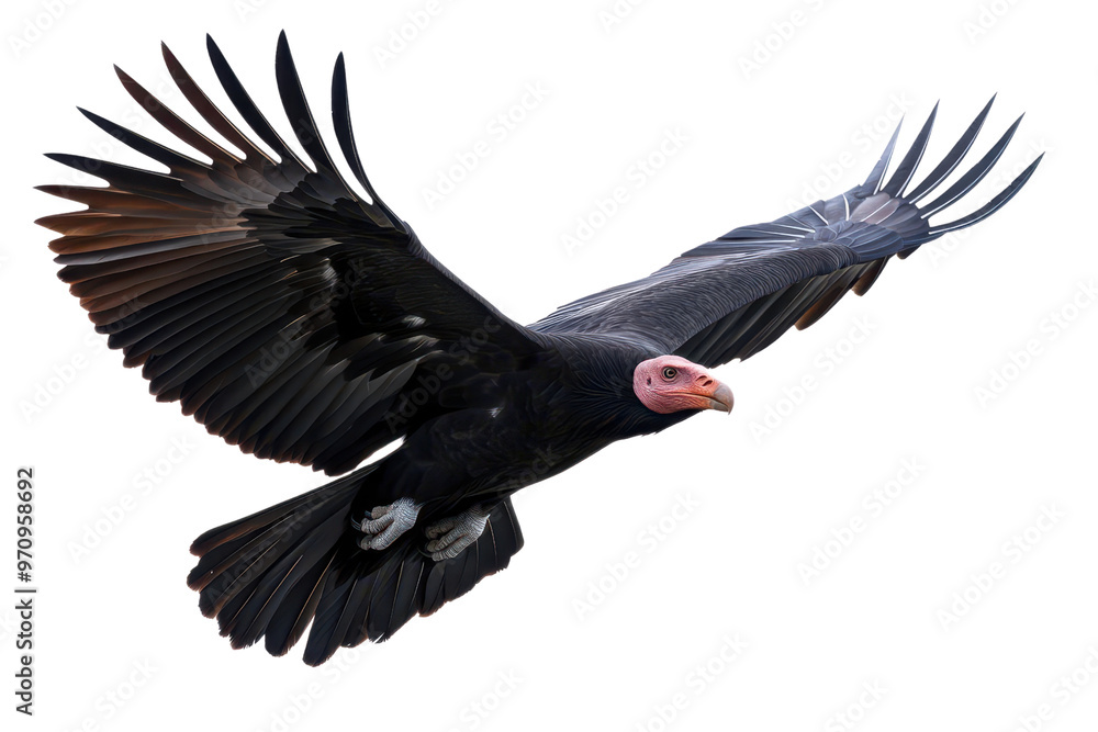 Naklejka premium Majestic vulture soaring through the sky, showcasing its impressive wingspan and unique features in striking detail.