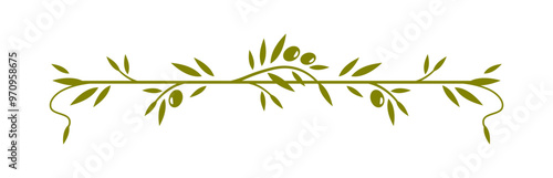 Olive leaves frame divider or border for menu boarder element or elegant ornament, vector deco art. Olive tree branch divider or frame border with green olives and leaves ornament for floral design