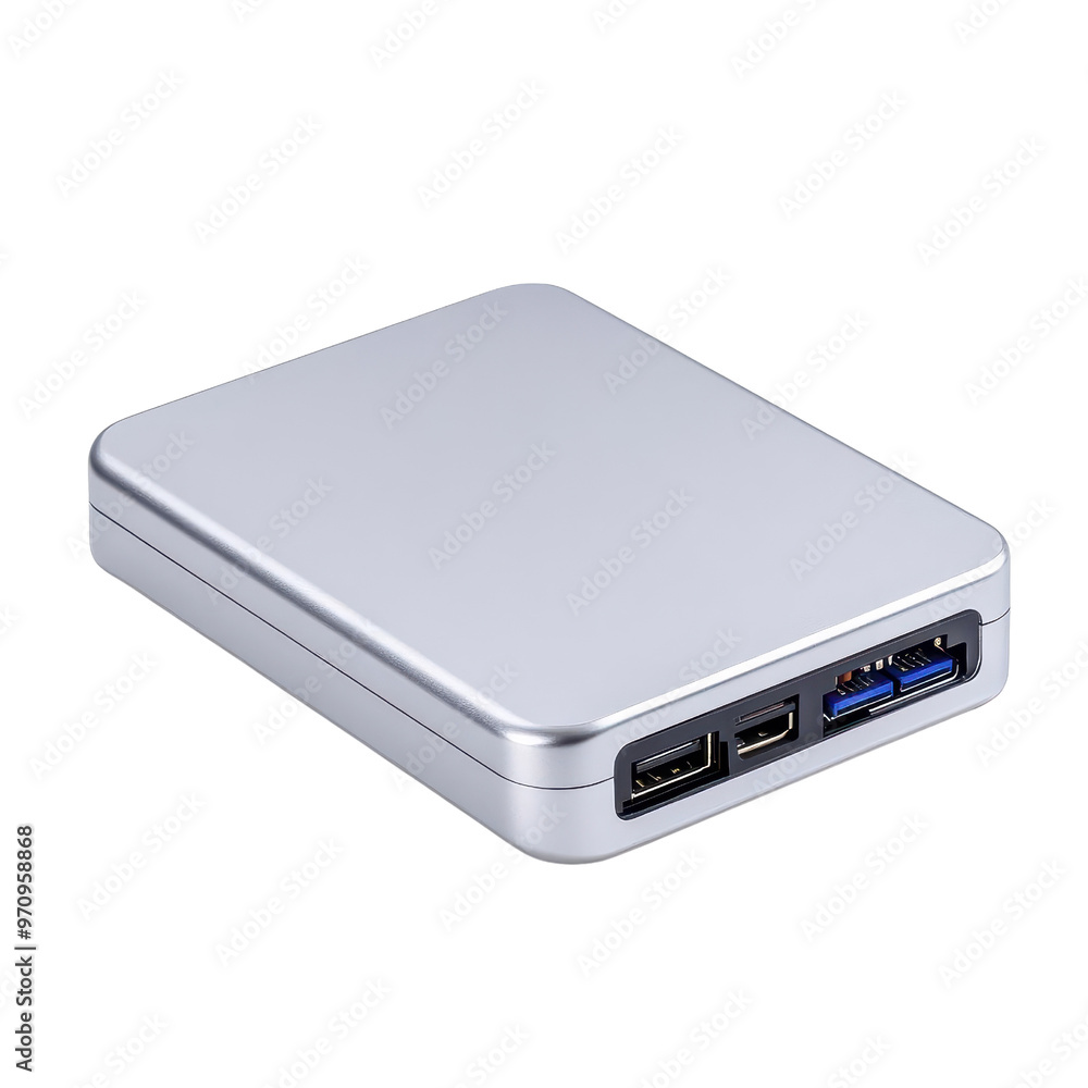 Sleek silver external hard drive with USB ports for fast data transfer, ideal for storing digital files on the go. Sleek silver external hard drive with USB ports for fast data transfer, ideal for storing digital files on the go.