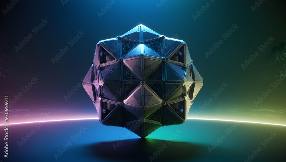 abstract shape made of spheres in dark space with neon lights abstract shape made of spheres in dark space with neon lights