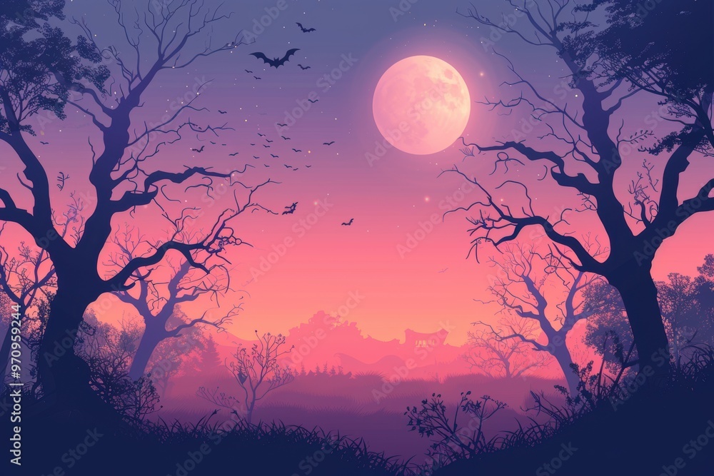 Twilight with eerie trees and full moon, spooky Halloween, flat design illustration., Twilight with eerie trees and full moon, spooky Halloween, flat design illustration.,