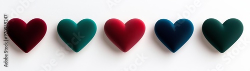 Colorful velvet hearts arranged in a row, symbolizing love and affection. Perfect for Valentine's Day or romantic themes.