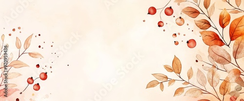 Autumn greeting card design with empty space in the middle. Minimalist fall background wallpaper. Colorful leaves in watercolor style.