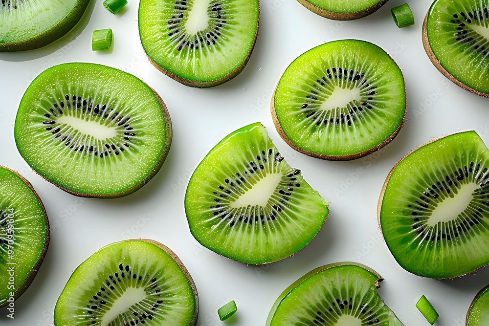 Fototapeta premium Fresh Sliced Kiwi Fruit Pattern on White Background - Vibrant Green, Healthy Eating Concept