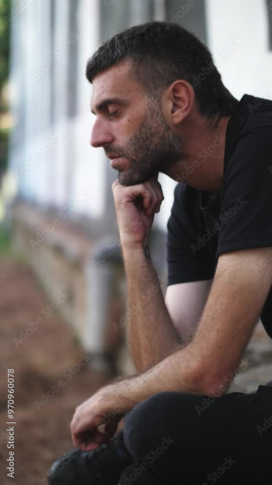 Vertical video of a man with slightly gray hair sitting on a bench, deep in thought, side view Vertical video of a man with slightly gray hair sitting on a bench, deep in thought, side view