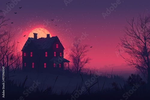 Twilight with haunted house silhouette, creepy Halloween, flat design illustration.,
