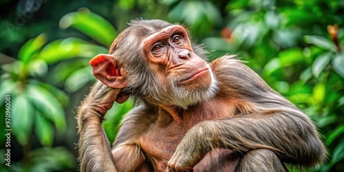 A distressed monkey exhibits extreme itchiness, vigorously scratching its neck and shoulders with long tapered fingers, revealing a patchy, reddened skin condition amidst lush foliage. photo