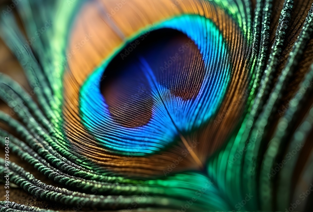 Obraz premium Close-up of Vibrant Peacock Feather Displaying Iridescent Colors and Intricate Patterns