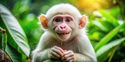 Adorable albino monkey showcases a bright, toothy grin, sitting upright with gentle hands clasped together, surrounded by lush green foliage in a serene jungle setting. photo