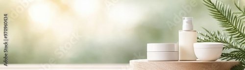 Minimalist beauty essentials on a wooden podium in a tranquil forest, surrounded by pure greenery and sunlight, representing a natural lifestyle