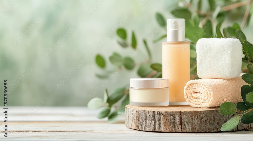 Non-toxic beauty essentials arranged on a rustic podium in a tranquil garden setting, surrounded by greenery, promoting relaxation and meditation Non-toxic beauty essentials arranged on a rustic podium in a tranquil garden setting, surrounded by greenery, promoting relaxation and meditation