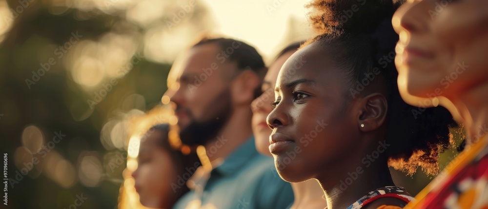 A close-up of individuals standing side by side, gazing ahead with determination, framed by the warm glow of the setting sun. A close-up of individuals standing side by side, gazing ahead with determination, framed by the warm glow of the setting sun.