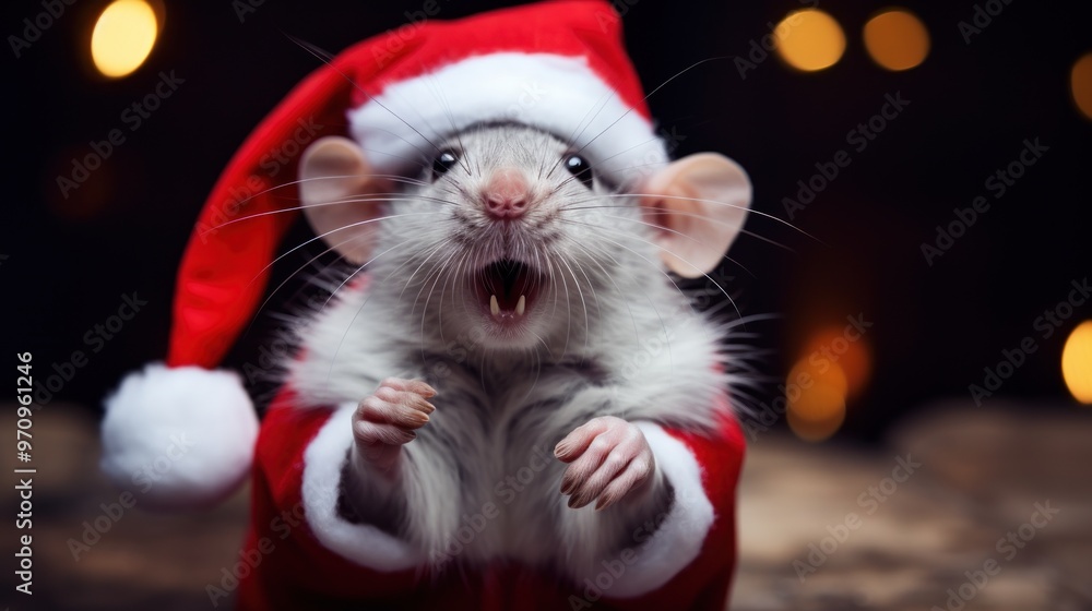 Portrait of a rat in Santa hat. Christmas background. Portrait of a rat in Santa hat. Christmas background.