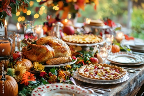  shot of the  and  thanksgiving meal, featuring an array of traditional dishes such as the golden-brown whole turkey on top of the table with pile-up fresh green beans, pie in the middle , rich vegeta photo