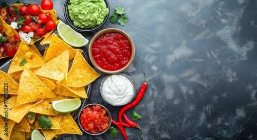 Nachos mexicanos com molhos variados – guacamole, salsa de tomate, chili, limão e creme de leite – em uma mesa de pedra. Banner plano, vista superior com espaço para texto. Lanche de Cinco de Mayo photo