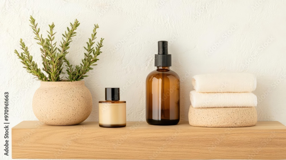 Earthy textures and raw beauty essentials on a wooden podium, peaceful outdoor setting with natural light, representing balance and simplicity Earthy textures and raw beauty essentials on a wooden podium, peaceful outdoor setting with natural light, representing balance and simplicity