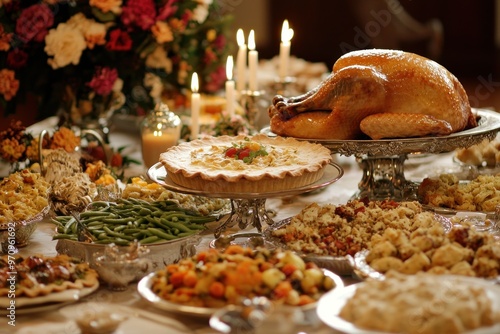  shot of the  and  thanksgiving meal, featuring an array of traditional dishes such as the golden-brown whole turkey on top of the table with pile-up fresh green beans, pie in the middle , rich vegeta photo