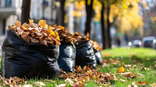 Black plastic bags with tree leaves. There are large black plastic garbage bags filled with fallen dried leaves on the grass. Seasonal cleaning of city streets from fallen leaves. Cleaning