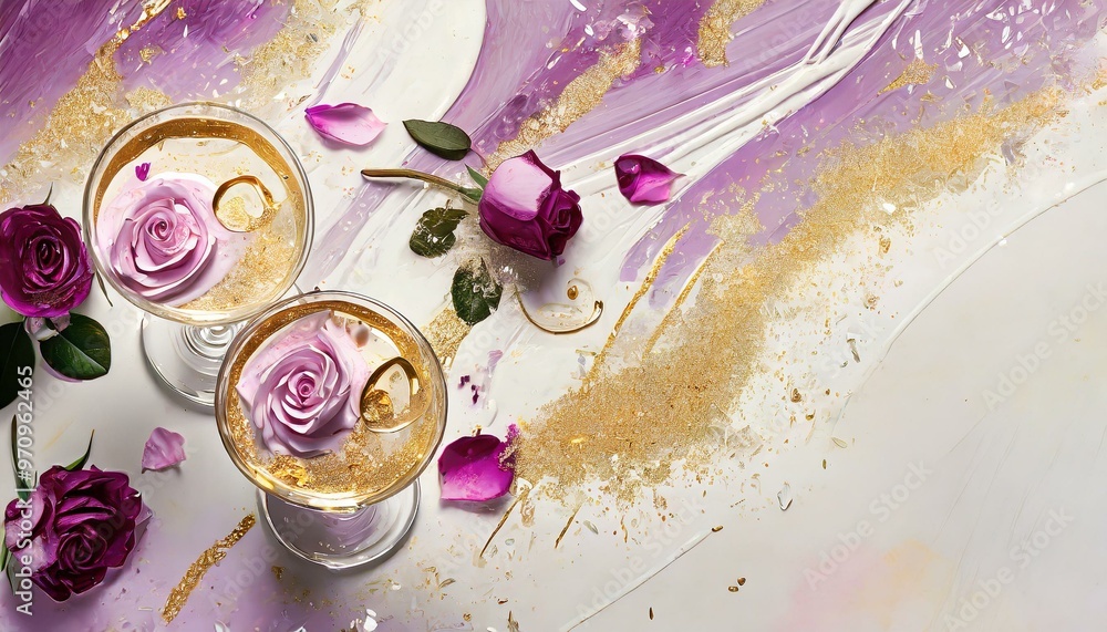 Cocktail with a cherry and rose petals on an abstract lilac, pink and gold background Cocktail with a cherry and rose petals on an abstract lilac, pink and gold background