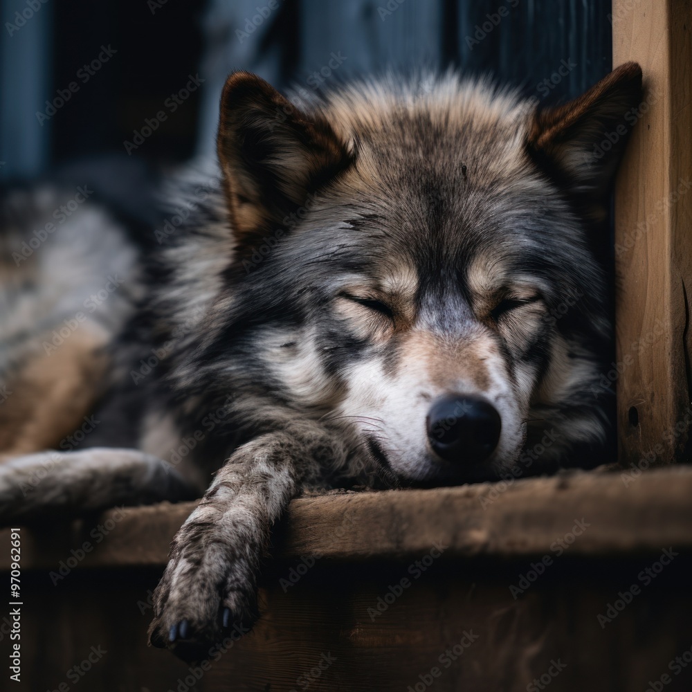 Sad homeless wolf dreaming about home. Sad homeless wolf dreaming about home.