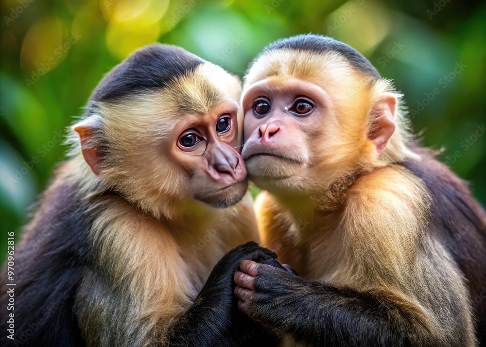 Adorable capuchin monkeys cuddle and groom each other in a heartwarming ...