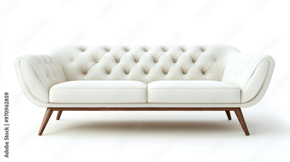 Chic modern sofa with button tufts and angular wooden legs isolated Chic modern sofa with button tufts and angular wooden legs isolated