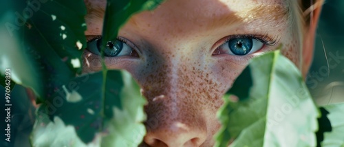 Pair of piercing blue eyes looking through dense green leaves, hinting at a story untold. photo