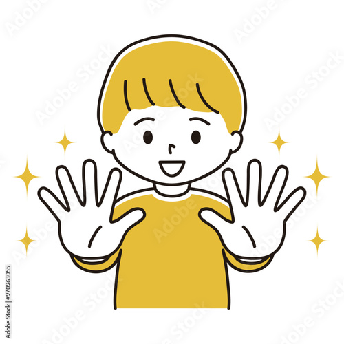 キラキラ　身体の前に手を突き出す男の子のイラスト 